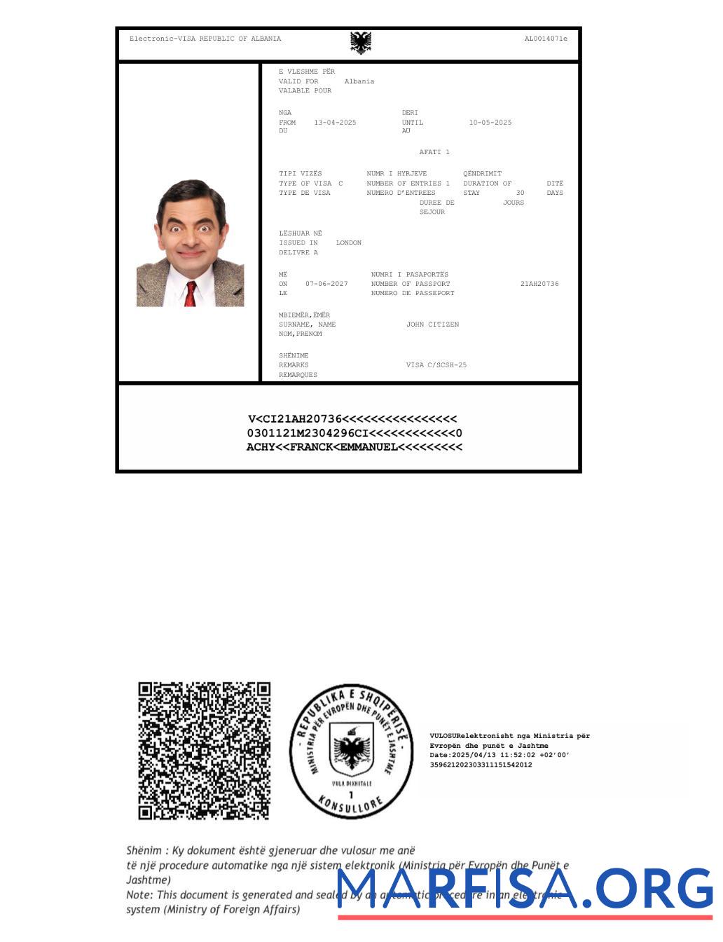 Printable Albania e visa template in Word and Pdf formats, version 2